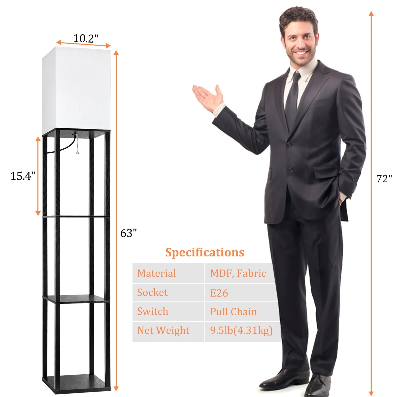 63" Shelf Floor Lamps with Shelves for Living Room Bedroom Office AVV Wood Modern Standing Lamps Black