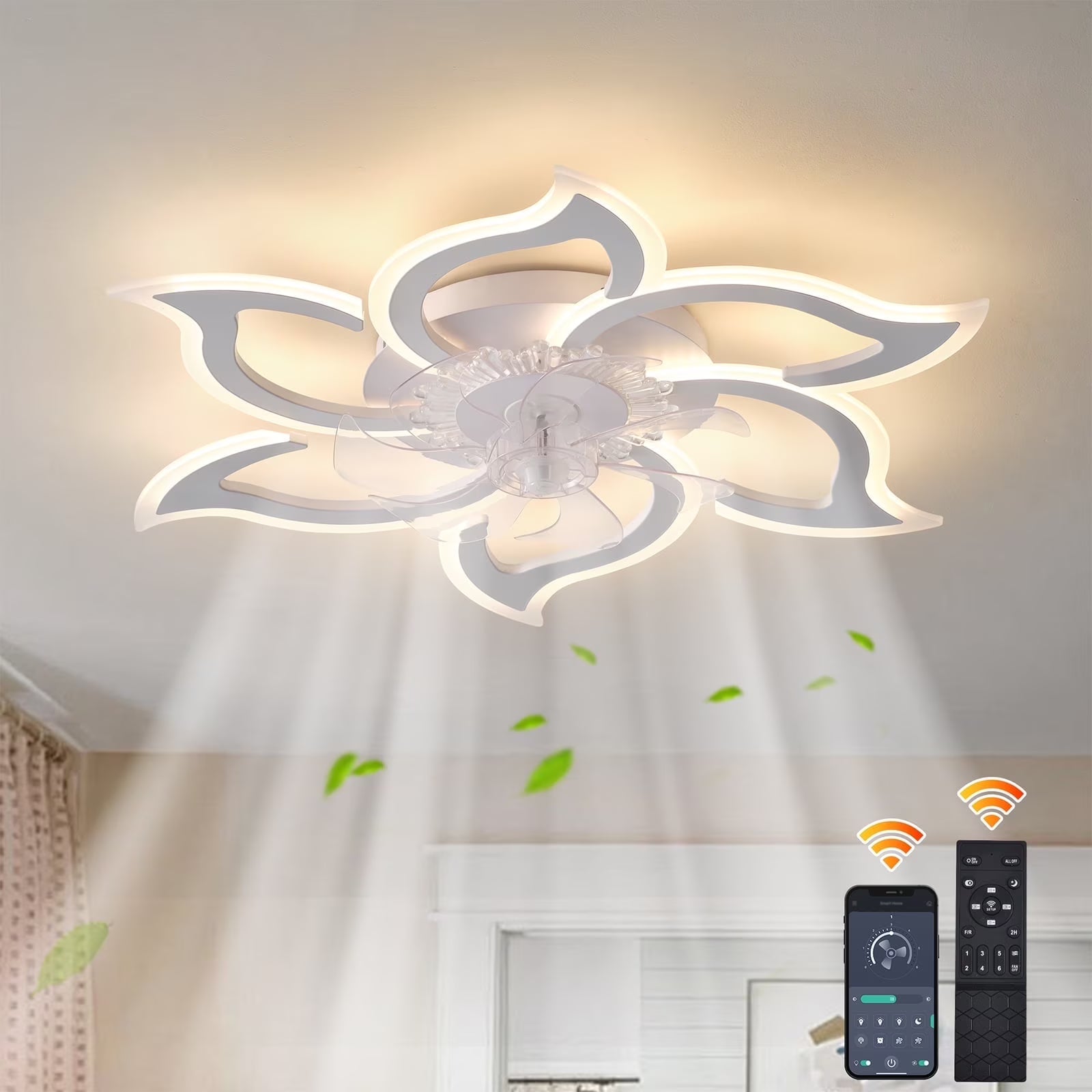 Garwarm Dimmable Ceiling Fan with Light and Remote Control, 27" Small Flush Mounted Ceiling Fan with LED Lights, APP and Remote Controlled, Modern, White
