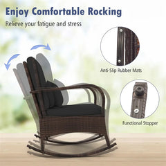 3-Piece Outdoor Wicker Rocking Chair Set, Rattan Bistro Rocker Furniture with Cushions & Pillows, Tempered Glass Coffee Table for Porch Balcony