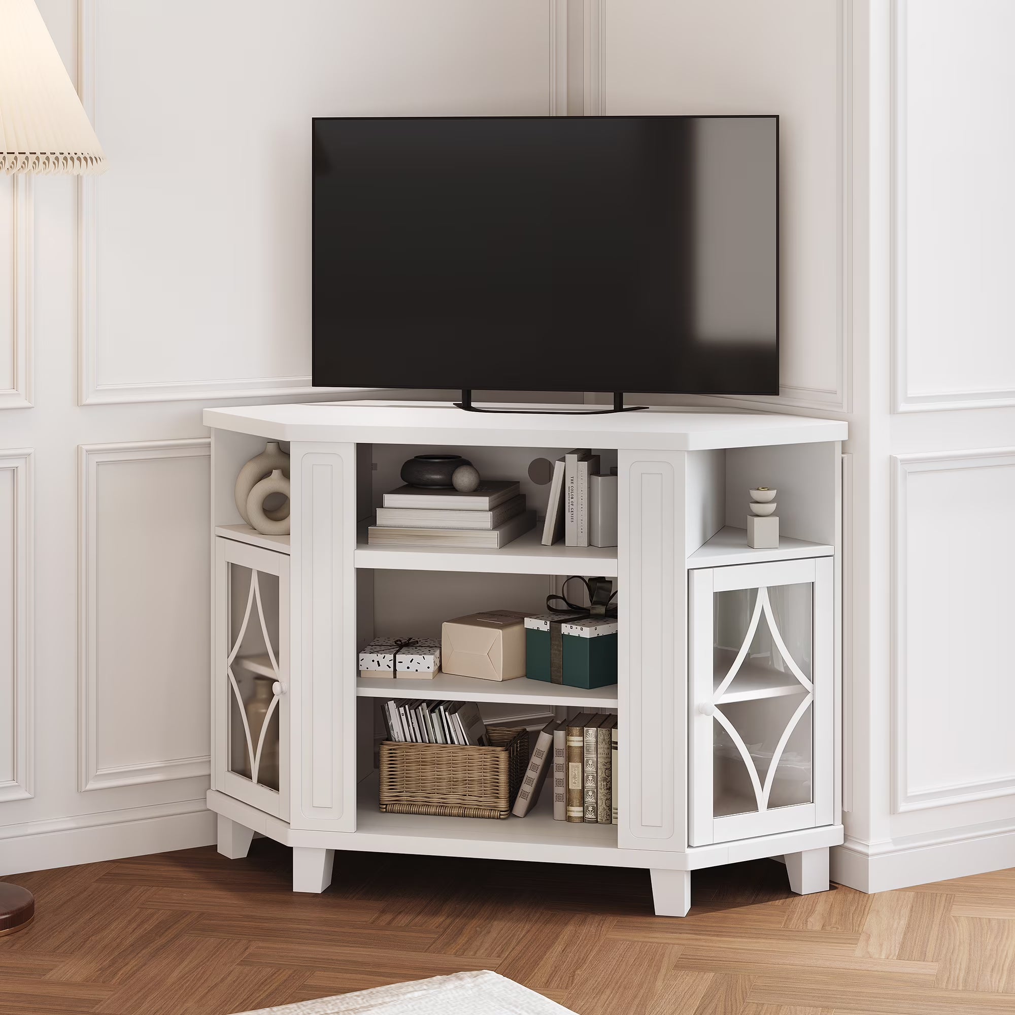 Mayincolor Farmhouse TV Stand for 65+ Inch TV, 34'' Tall Entertainment Center with Sliding Barn Doors, Rustic Wood Media Console Storage Cabinet Television Stand for Living Room, Light Grey