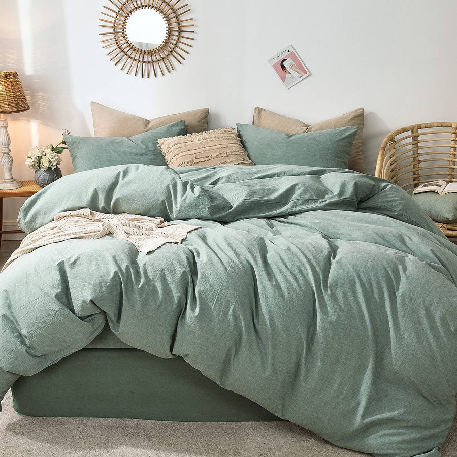 MooMee Bedding Duvet Cover Set 100% Washed Cotton Linen Like Textured Breathable Durable Soft Comfy (Green Queen)