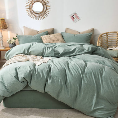 MooMee Bedding Duvet Cover Set 100% Washed Cotton Linen Like Textured Breathable Durable Soft Comfy (Green Queen)