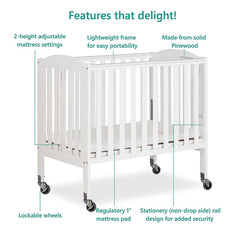 Dream on Me 2 - in - 1 Folding Portable Mini Crib in White. Mattress Pad Included. Easy to Fold and Store Baby Crib. Two Adjustable Mattress Height Positions Convertible Crib