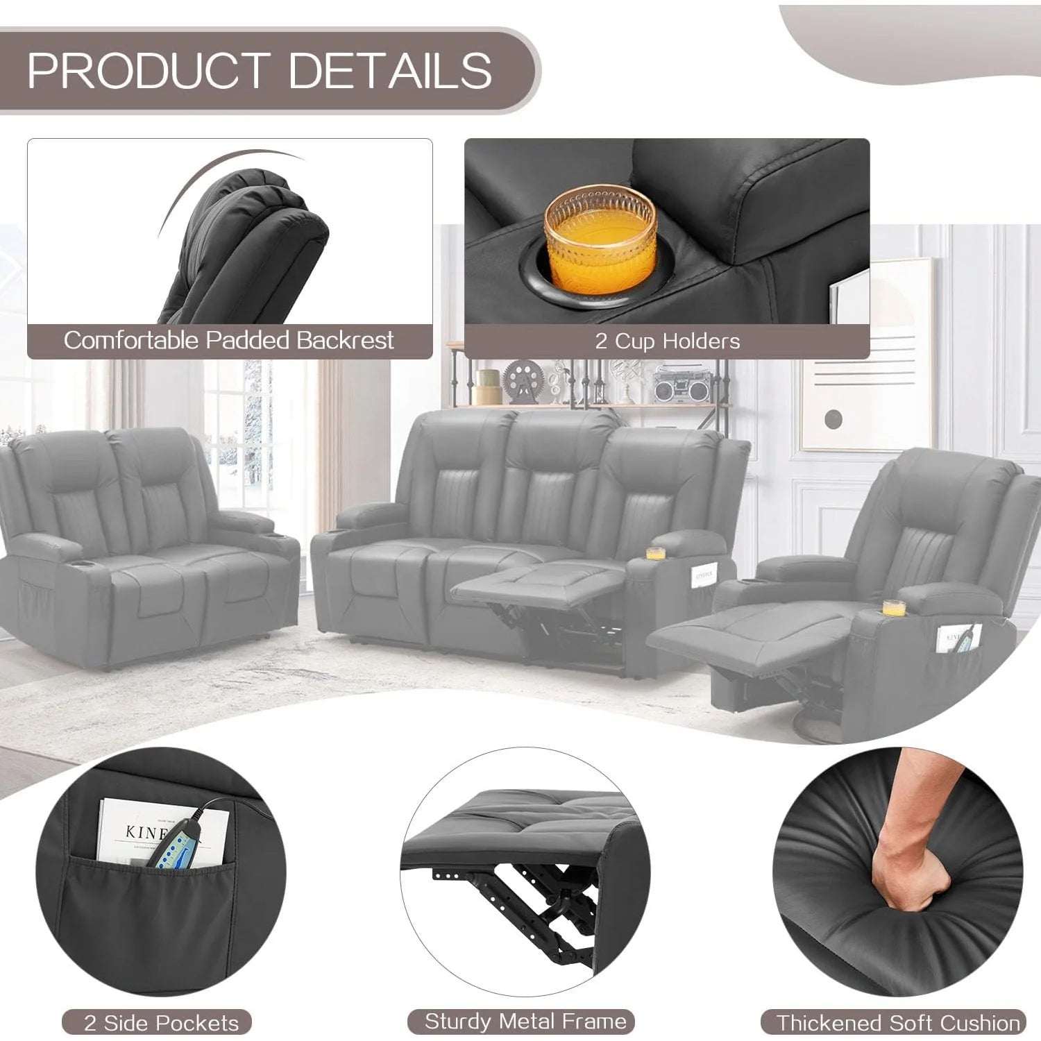 AECOJOY 3 Pieces Leather Recliner Sofa Set with Swivel Massage Chair, Black