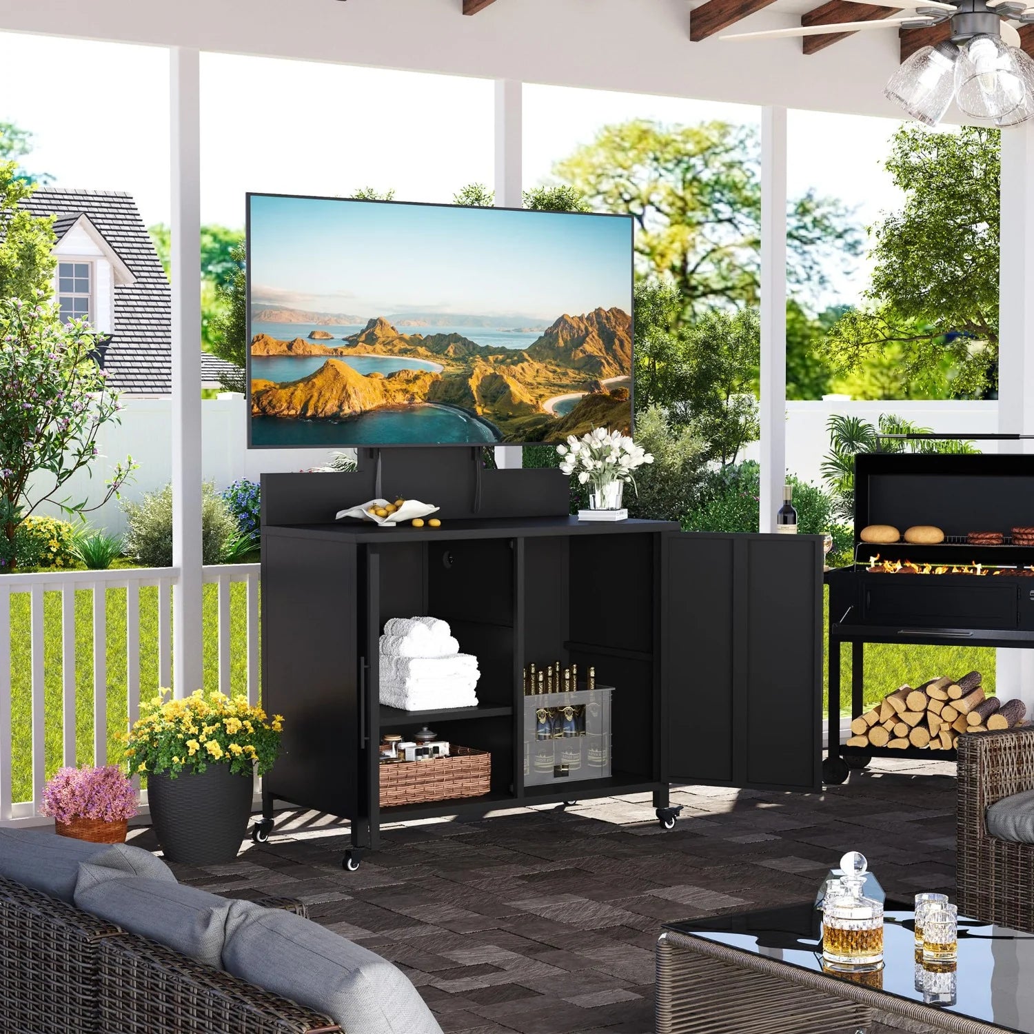 AECOJOY Outdoor Storage Cabinet with TV Mount for 40–85 Inch TVs, Outdoor TV Stand with Storage Cabinet Waterproof