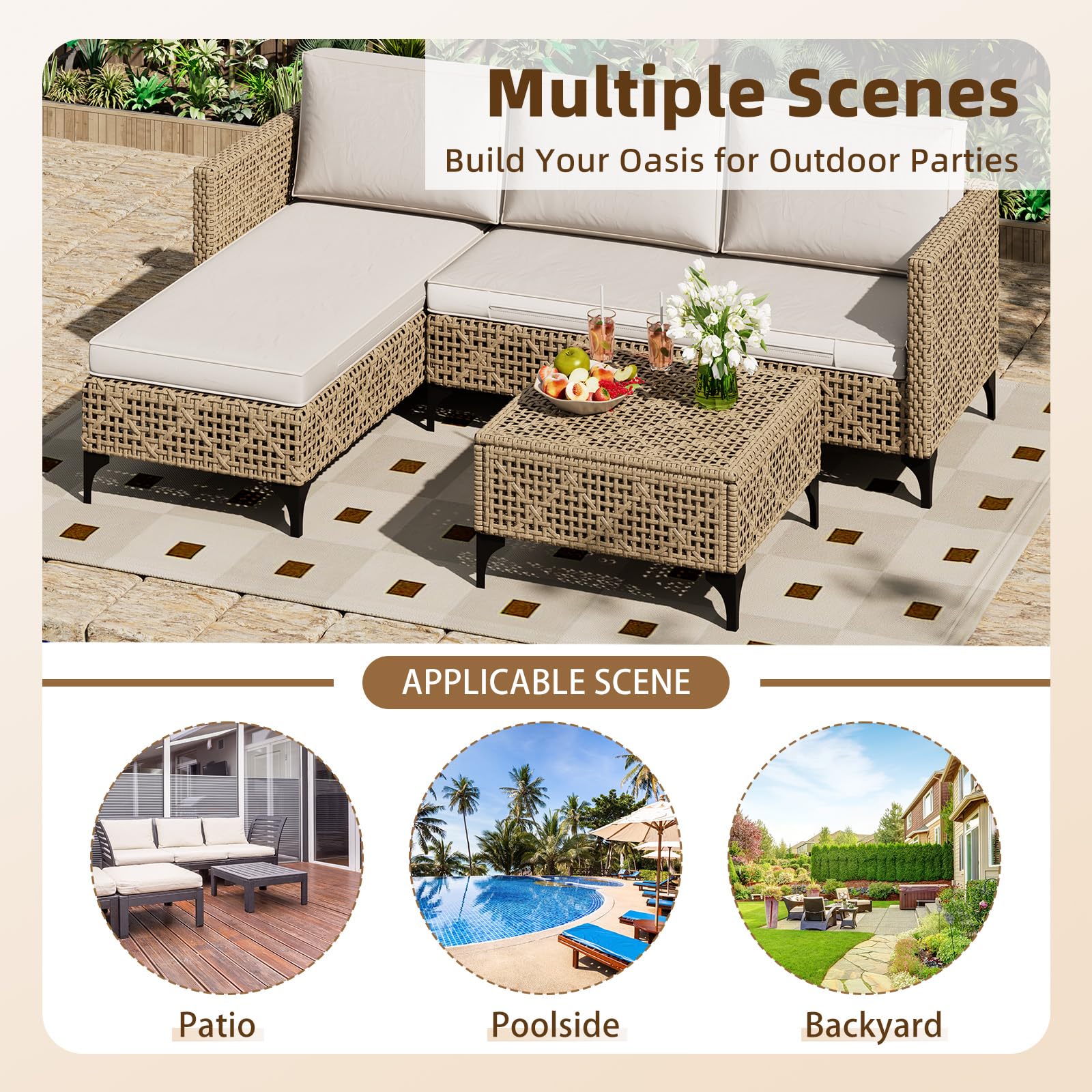 AECOJOY Outdoor Patio Furniture Set, 3 Pieces All Weather Wicker Rattan Sectional Sofa