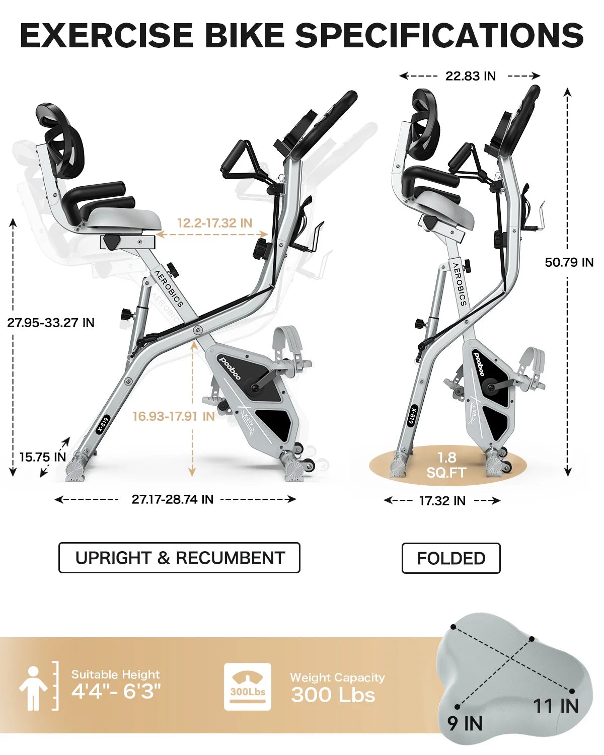 Pooboo 4in1 Folding Exercise Bike Indoor Cycling Bike Stationary Magnetic X Bike Gym Workout 300 lb Easy to Get on/Off