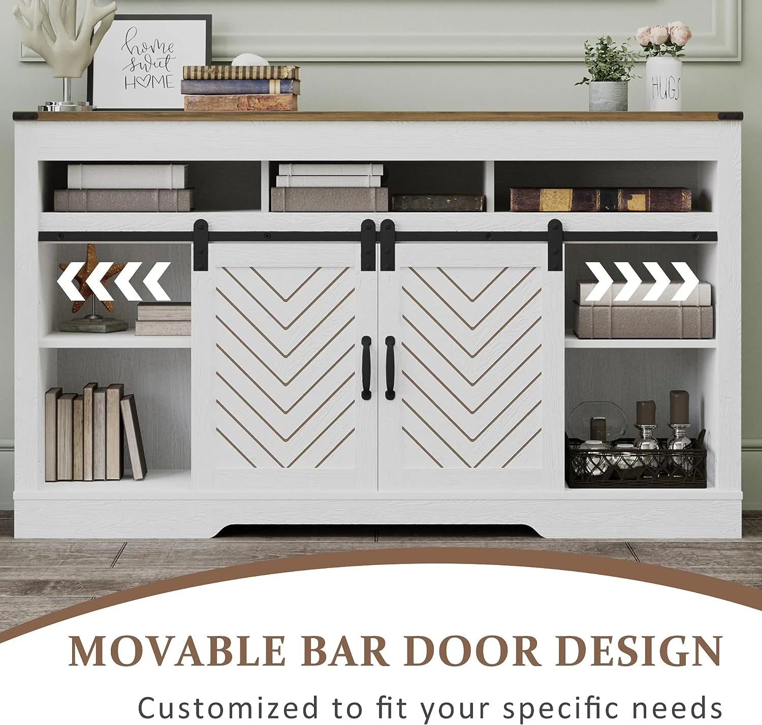 Mayincolor Farmhouse TV Stand for 65+ Inch TV, 34'' Tall Entertainment Center with Sliding Barn Doors, Rustic Wood Media Console Storage Cabinet Television Stand for Living Room, Light Grey