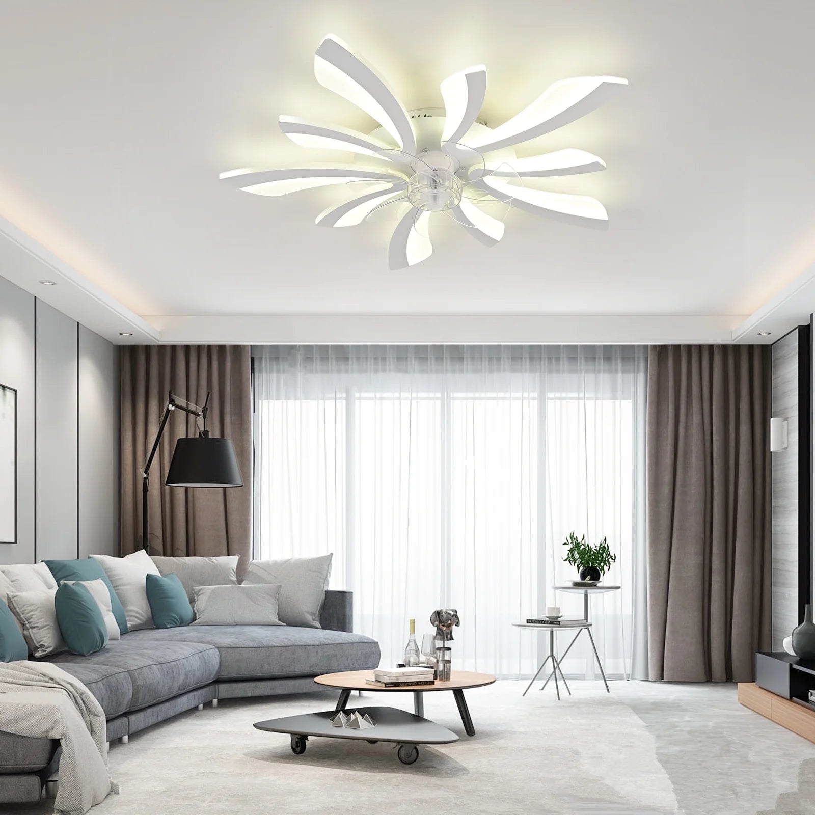Garwarm Dimmable Ceiling Fan with Light and Remote Control, 27" Small Flush Mounted Ceiling Fan with LED Lights, APP and Remote Controlled, Modern, White