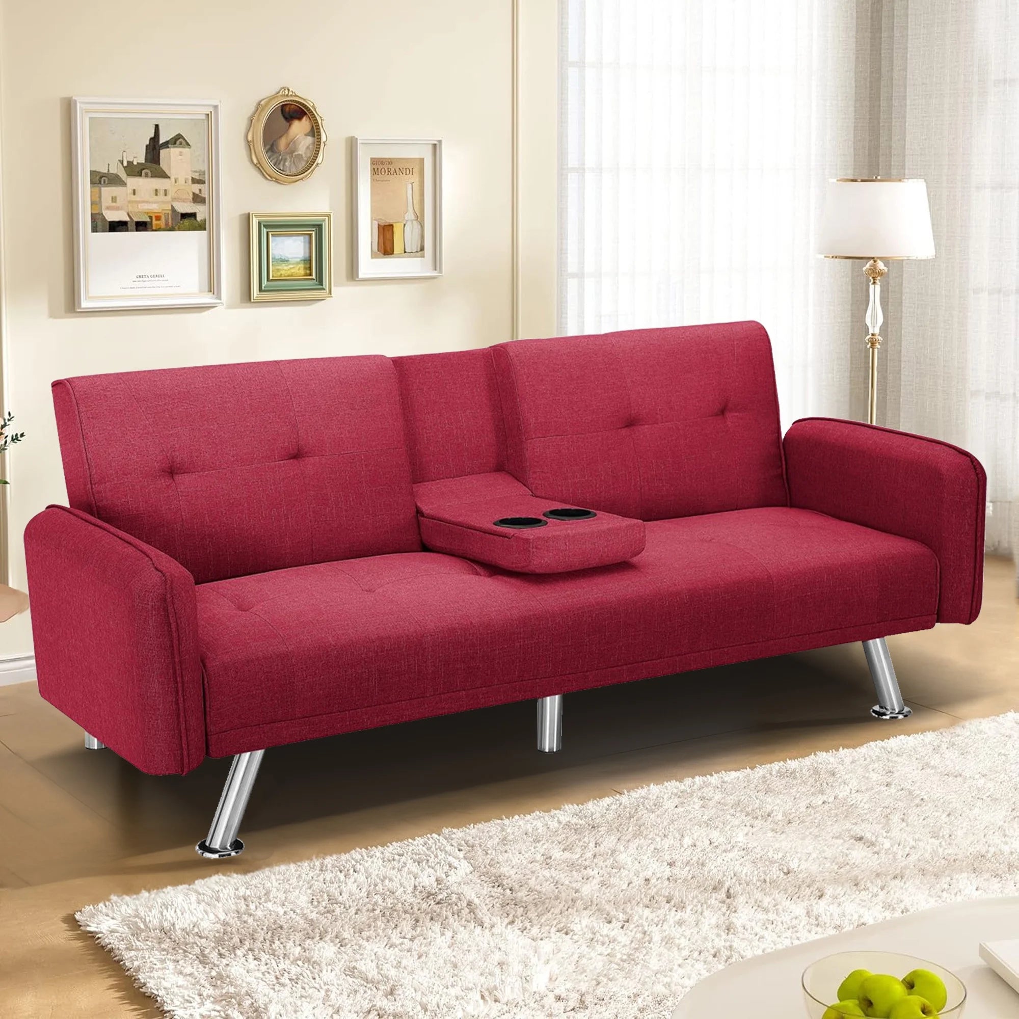 Aukfa 75" Square Arm Futon Convertible Sofa Bed for Home Office, 2 Cup Holders, Linen, Dark Gray