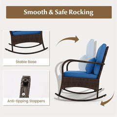 3-Piece Outdoor Wicker Rocking Chair Set, Rattan Bistro Rocker Furniture with Cushions & Pillows, Tempered Glass Coffee Table for Porch Balcony