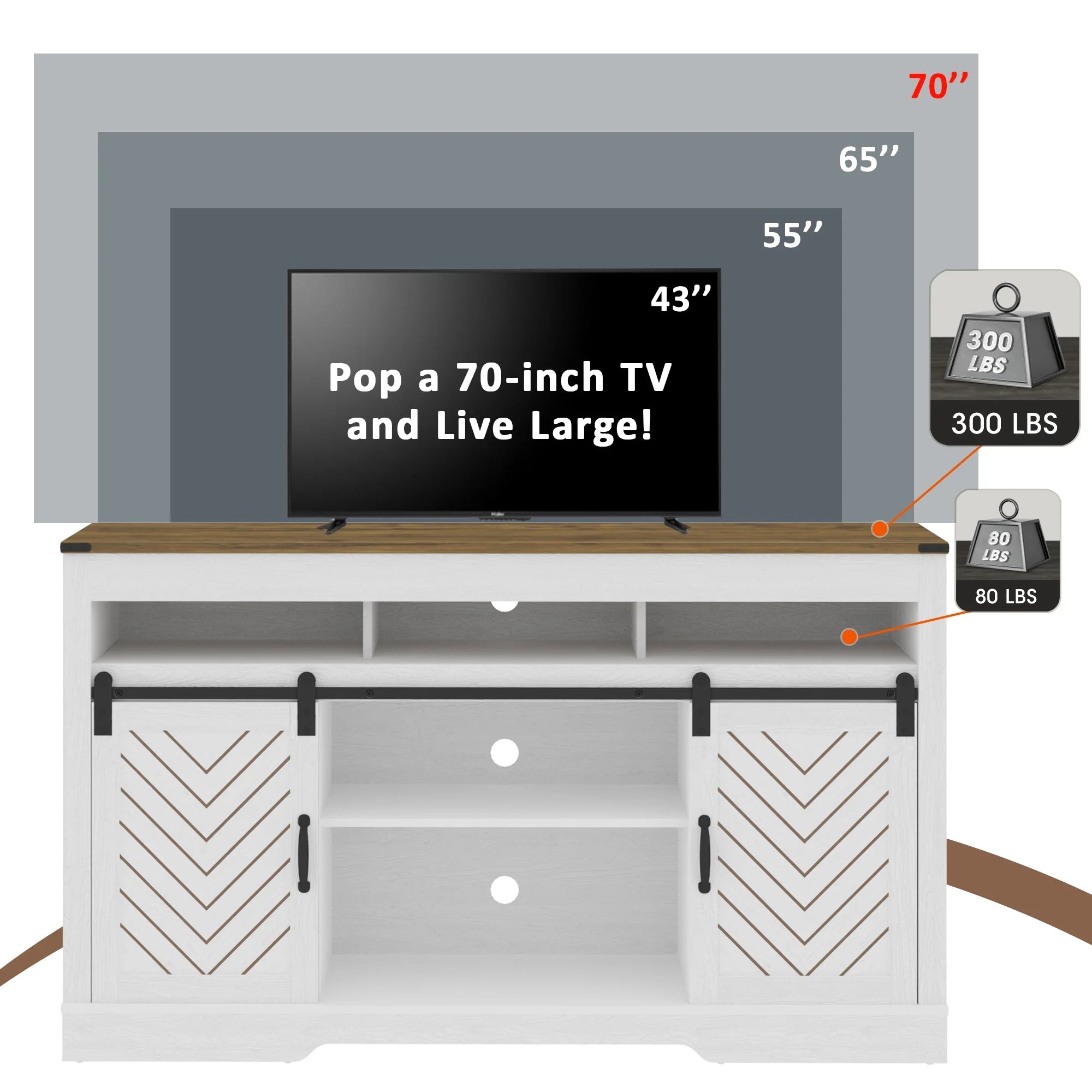 Mayincolor Farmhouse TV Stand for 65+ Inch TV, 34'' Tall Entertainment Center with Sliding Barn Doors, Rustic Wood Media Console Storage Cabinet Television Stand for Living Room, Light Grey