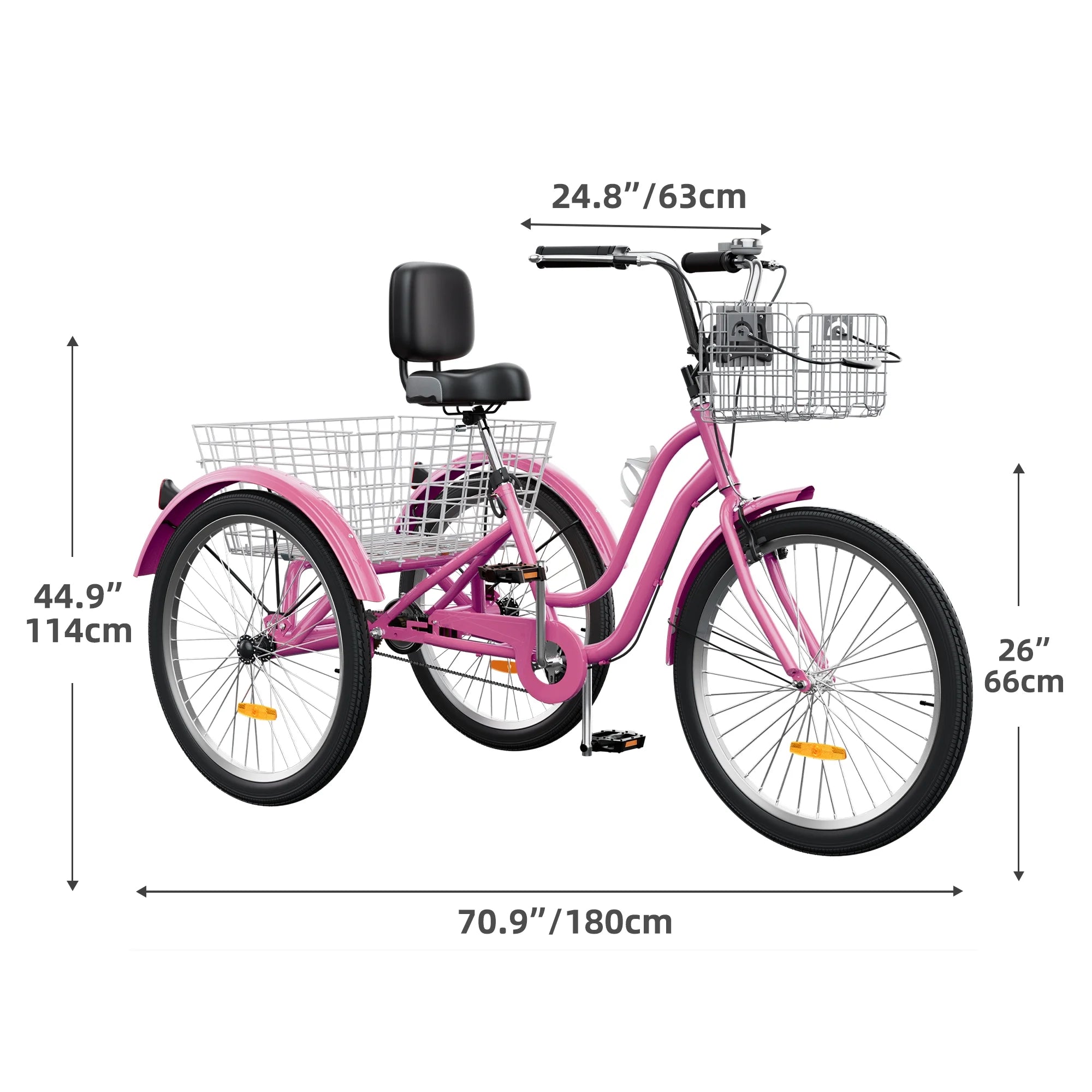 Dextrus 24 in 3 - Wheel Bike, Single Speed Adult Trike, Low Step - Through Cruiser with Front & Rear Baskets, Large Adjustable Seat with Backrest for Seniors, Men, and Women (Purple)