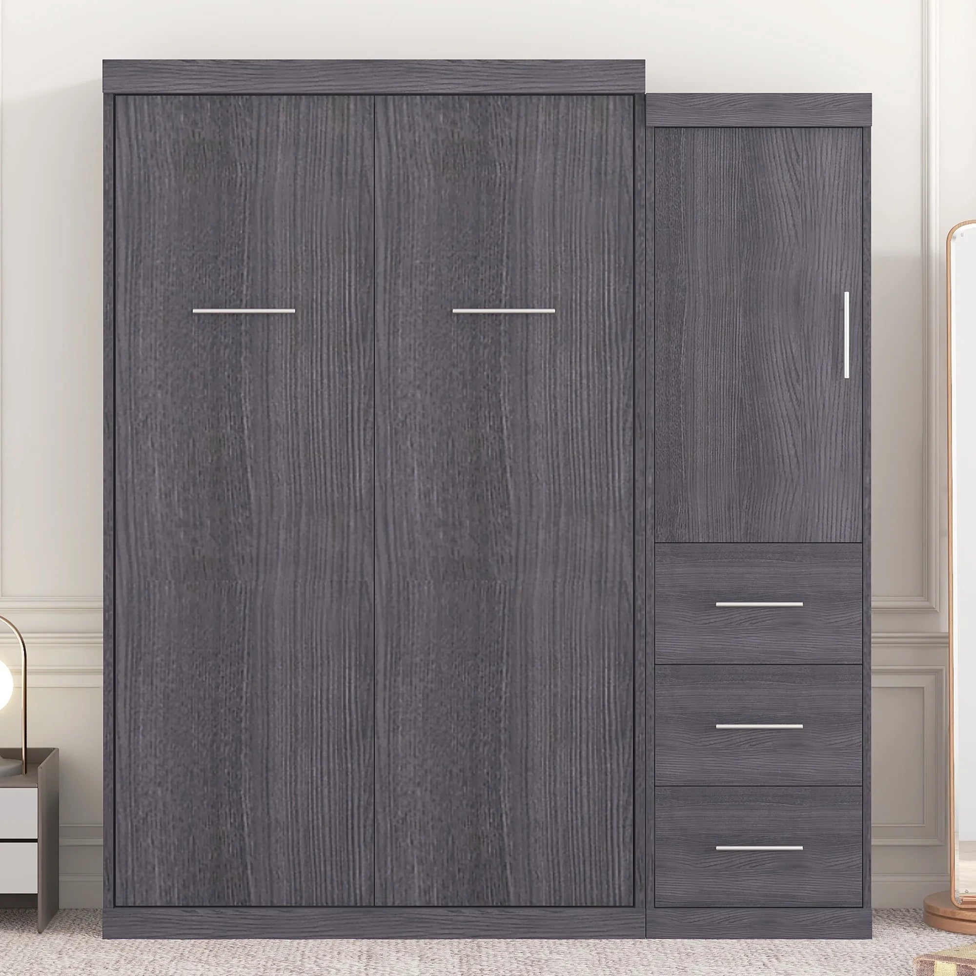 Euroco Wood Full Size Murphy Wall Bed with Wardrobe and Drawers for Living Room, Moveable Wardrobe and Drawers, Space - Saving & Easy Open and Close for Kids Teens Adults, Gray