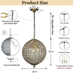 1 - Light 12" Retro Antique Gold Crystal Globe Chandelier Small Sphere Pendant Light