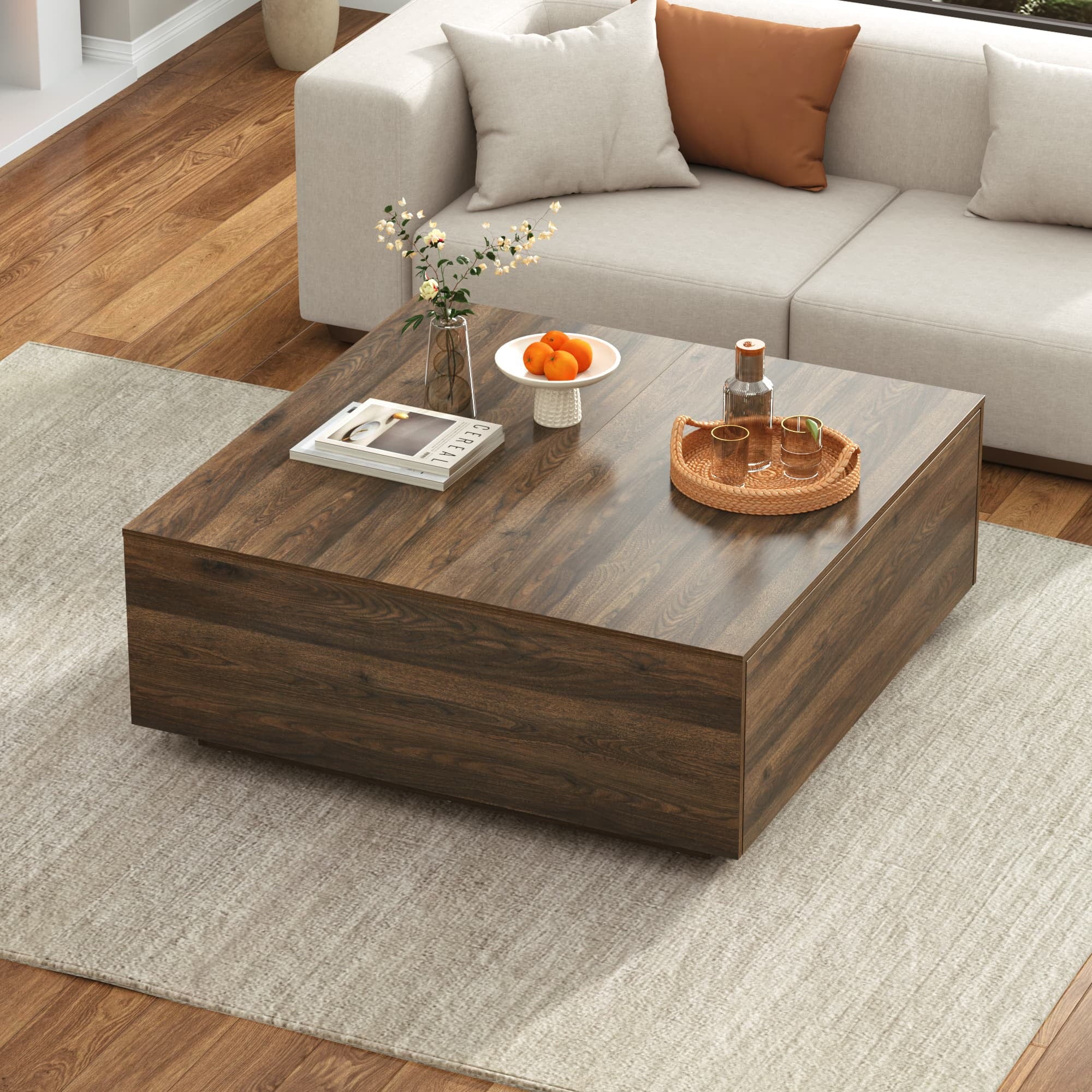 Blotout Square Coffee Table with 2 Large Drawers, 43" Mid Century Modern Coffee Table with Storage, Wood Cocktail Table Center Table with Storage for Living Room, Wood Grain
