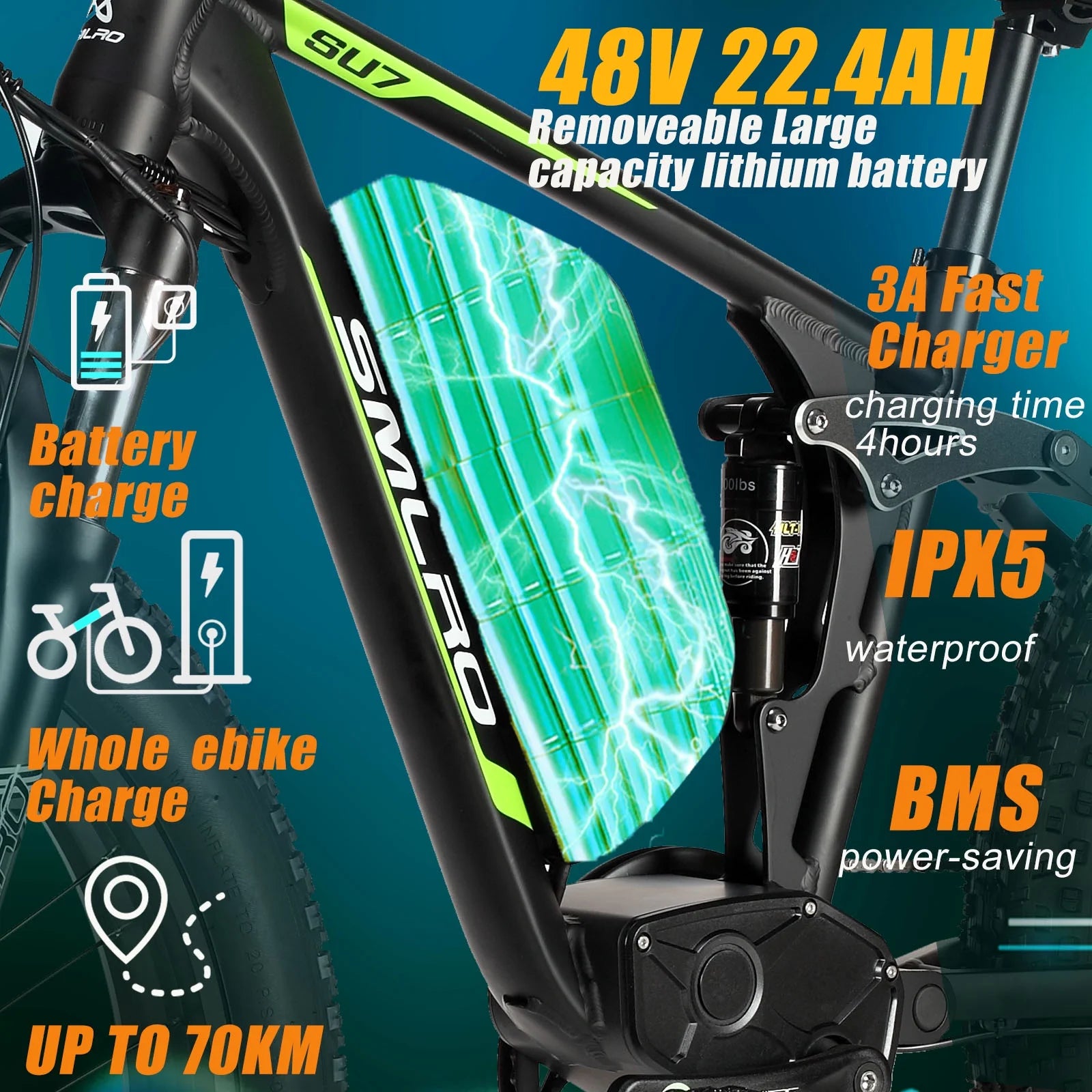 5000w Peak Dual Motor Electric Bike, 26" Fat Tire Shimano 21 Speed 45 MPH Commuter Mtb, 60V 25AH Front Suspension Ebike