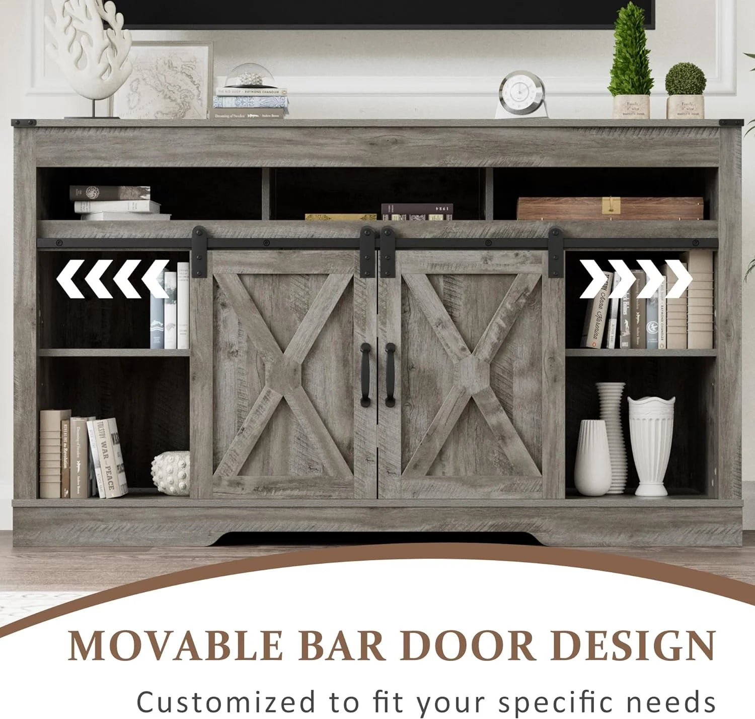 Mayincolor Farmhouse TV Stand for 65+ Inch TV, 34'' Tall Entertainment Center with Sliding Barn Doors, Rustic Wood Media Console Storage Cabinet Television Stand for Living Room, Light Grey