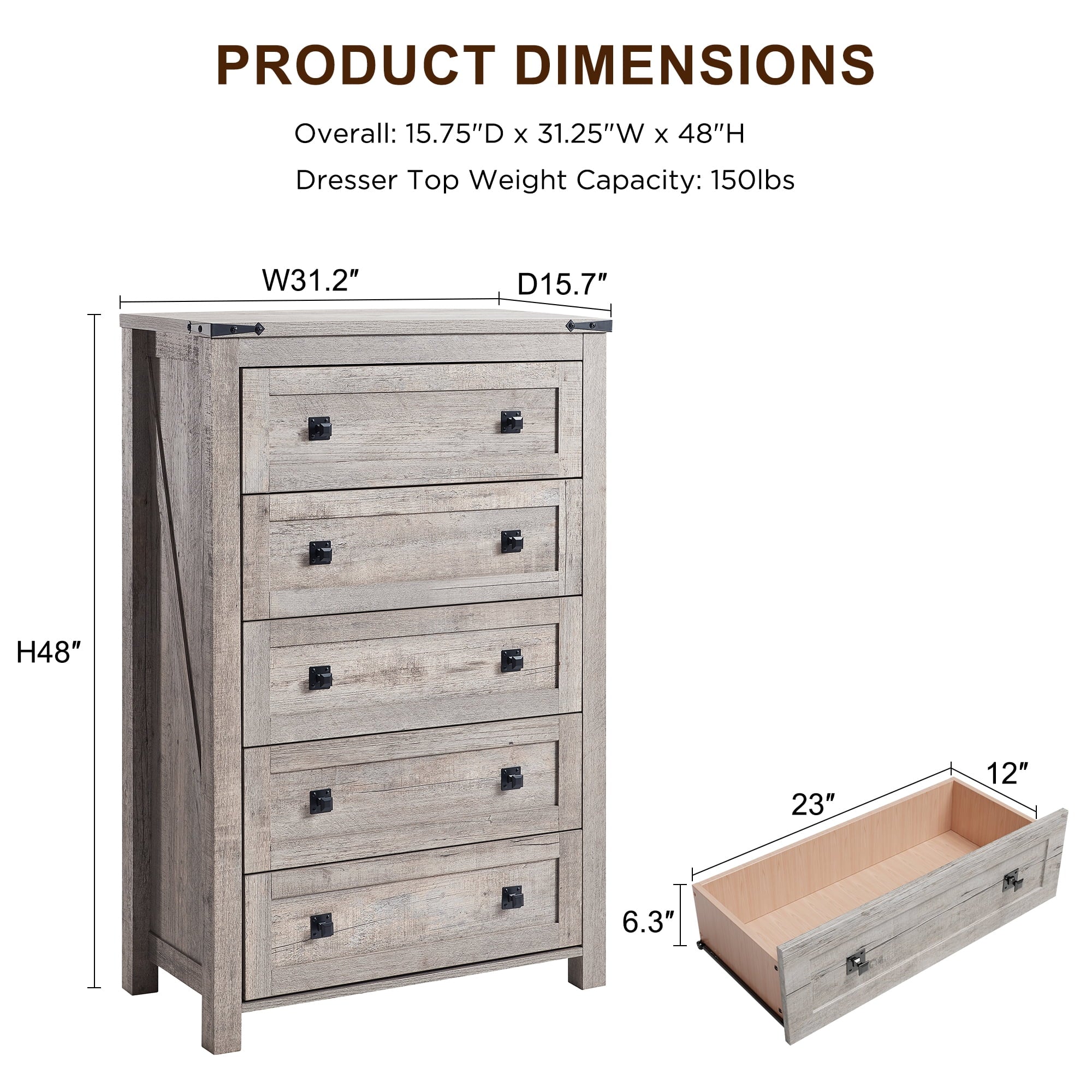 Keywhat Farmhouse 5 Drawer Dresser for Bedroom, Chest of Drawers Wood Organizer for Living Room, Antique White