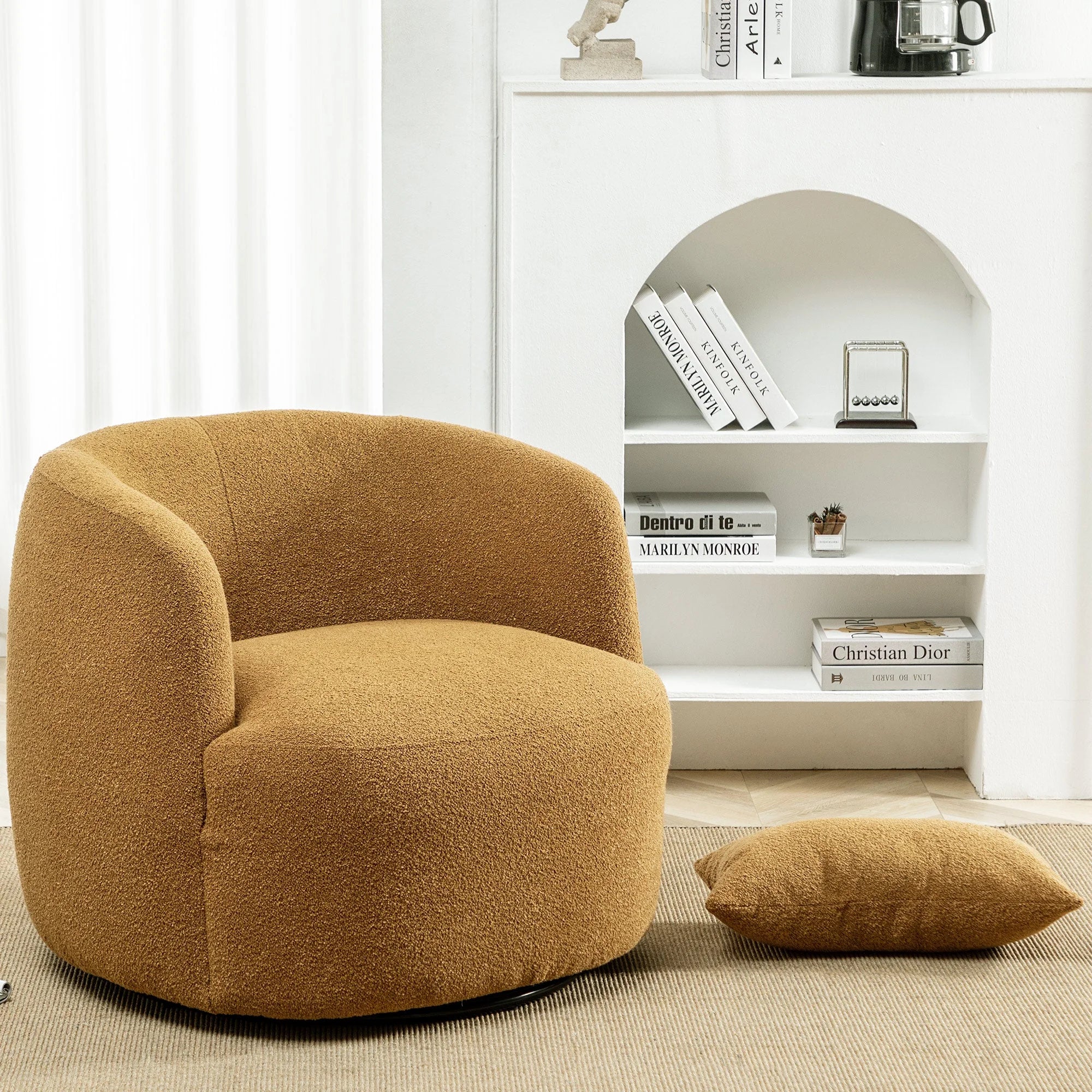 34" Wide Boucle Swivel Barrel Chair, No Assembly Round Upholstered Armchair Accent Chair Single Sofa Chair with Toss Pillow for Living Room and Bedroom, Taupe