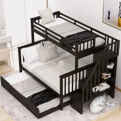 AECOJOY Twin-Over-Full Bunk Bed with Twin size Trundle, Storage and Guard Rail for Bedroom, Espresso
