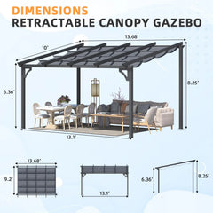 AECOJOY 14' x 10' Gazebo for Patio, Retractable Pergola with Adjustable Sun Shade Canopy Roof