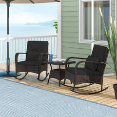3-Piece Outdoor Wicker Rocking Chair Set, Rattan Bistro Rocker Furniture with Cushions & Pillows, Tempered Glass Coffee Table for Porch Balcony