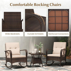 3-Piece Outdoor Wicker Rocking Chair Set, Rattan Bistro Rocker Furniture with Cushions & Pillows, Tempered Glass Coffee Table for Porch Balcony