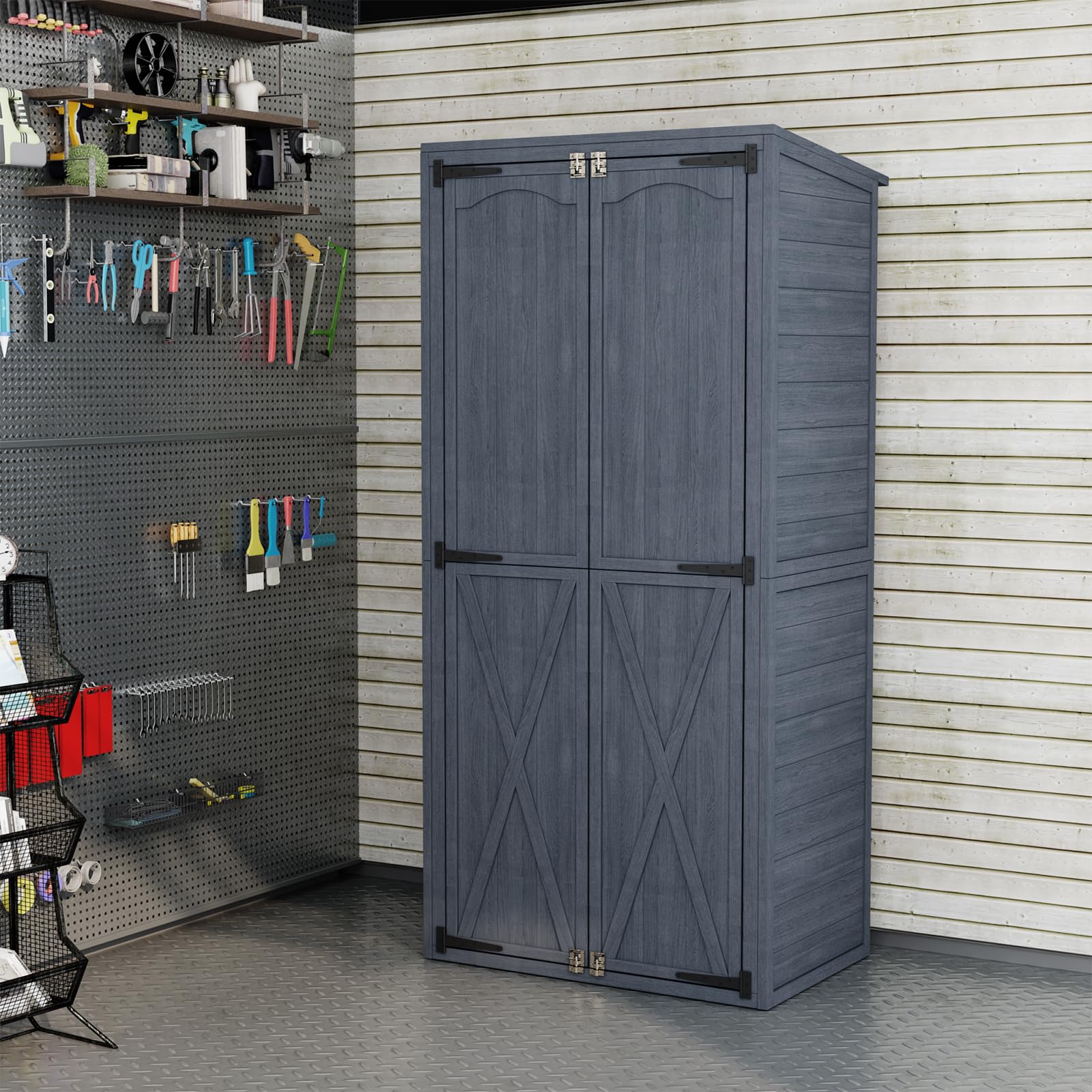AECOJOY Outdoor Wooden Storage Cabinet Weatherproof, Garden Vertical Storage Shed with 3 Adjustable Shelves
