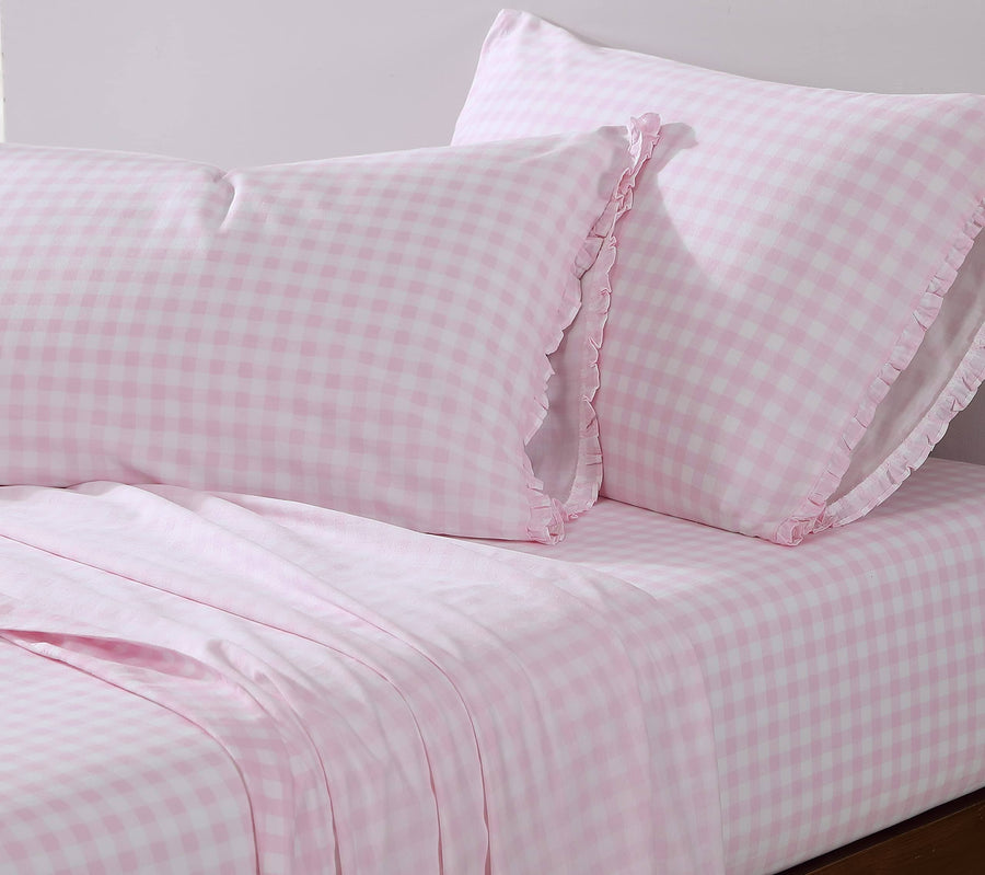 Shabby Chic - Full Sheets, Soft & Breathable Organic Cotton Bedding Set, Classic Style Home Decor with Ruffled Pillowcases (Gingham Pink, Full)