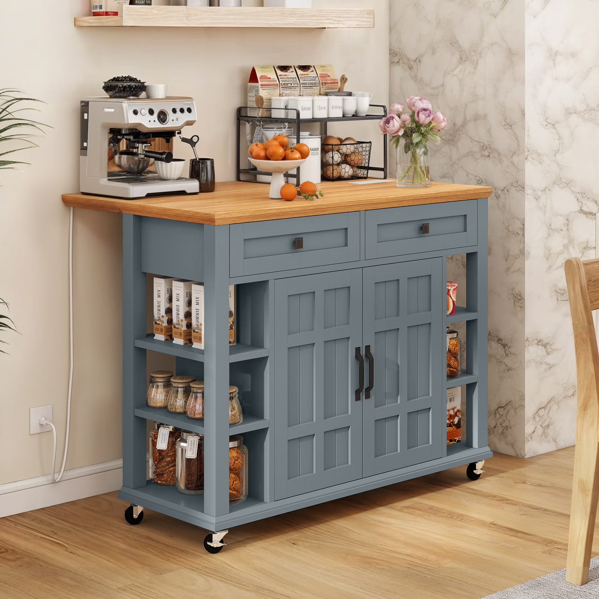Uforic Kitchen Island Cart with Power Outlets, Kitchen Storage Trolley Cart with Storage Shelves & Drawers, Off - White