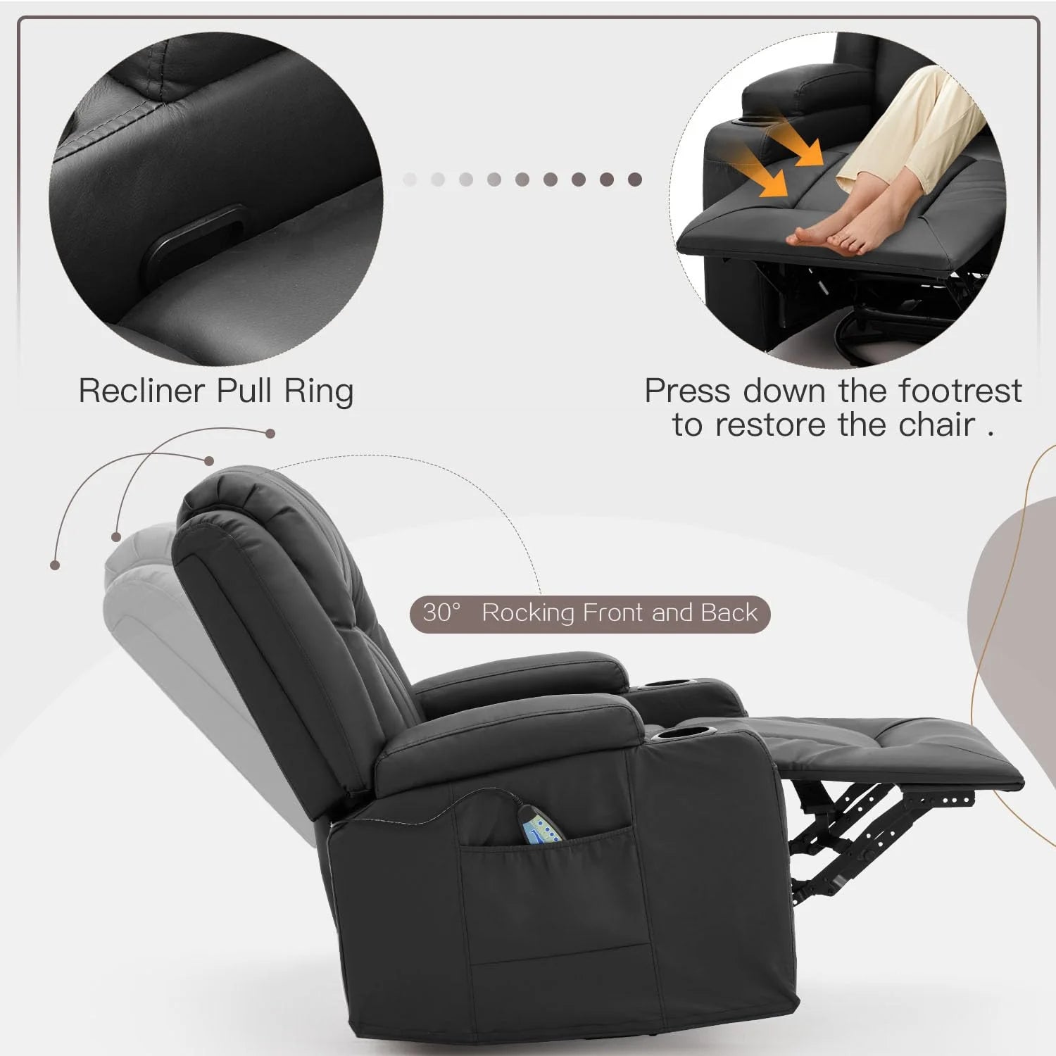 AECOJOY Massage Recliner Manual Chair with Heating & 360° Swivel Rocking Function, Black