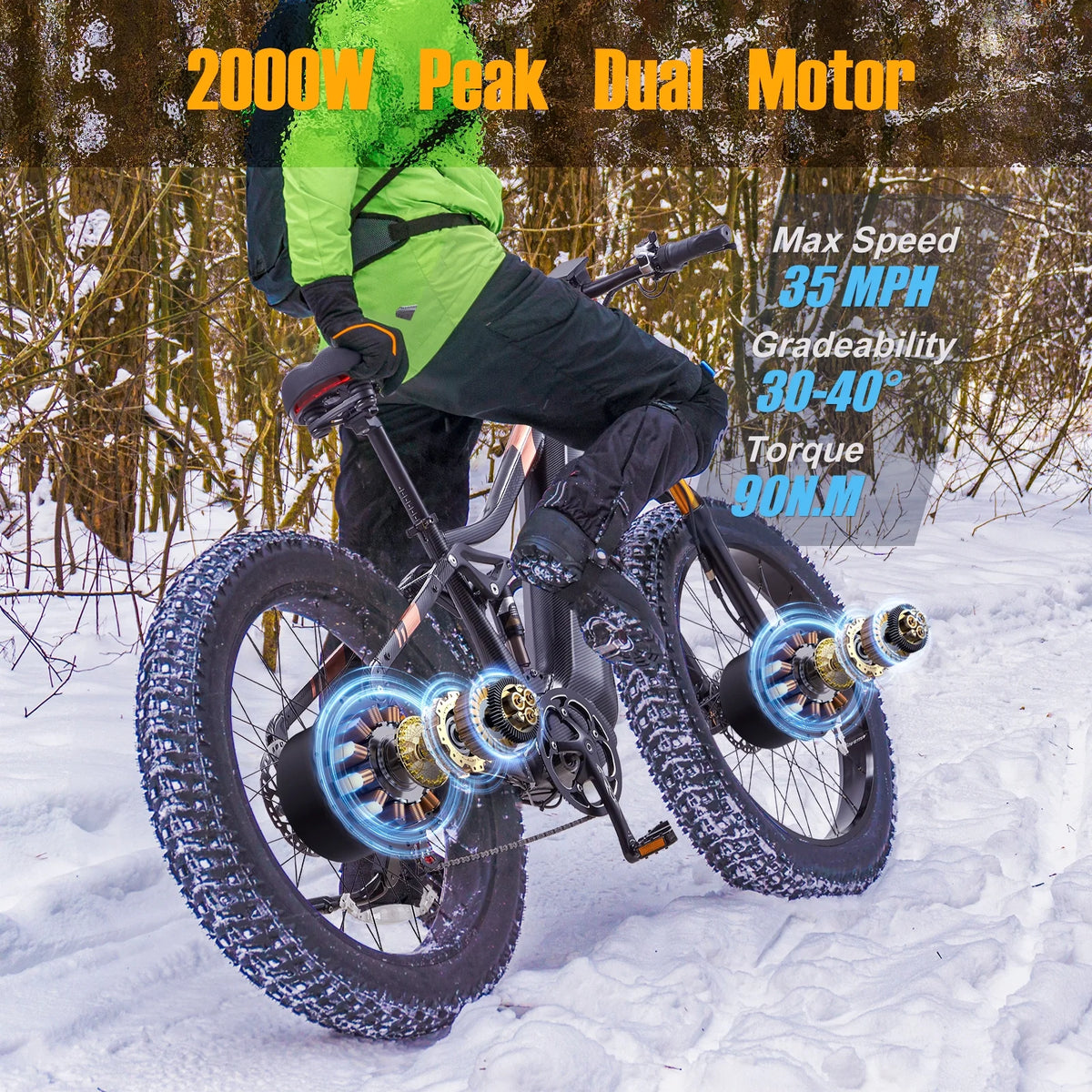 Dual Motors AWD 2000W Electric Bike for Adult 26'', UL2849 48V 60AH Removable Battery E - Mountain Bike 4'' Fat Tire up to 35MPH&200miles Long Range Off Road Ebike Beach Dual Hydraulic&Brakes E - Bicycle