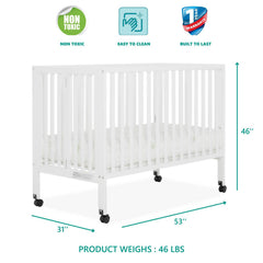 Dream on Me Quinn Full - Size Folding Crib. Removable Wheels. Modern Nursey. Adjustable Mattress Support. Patent Folding System in White