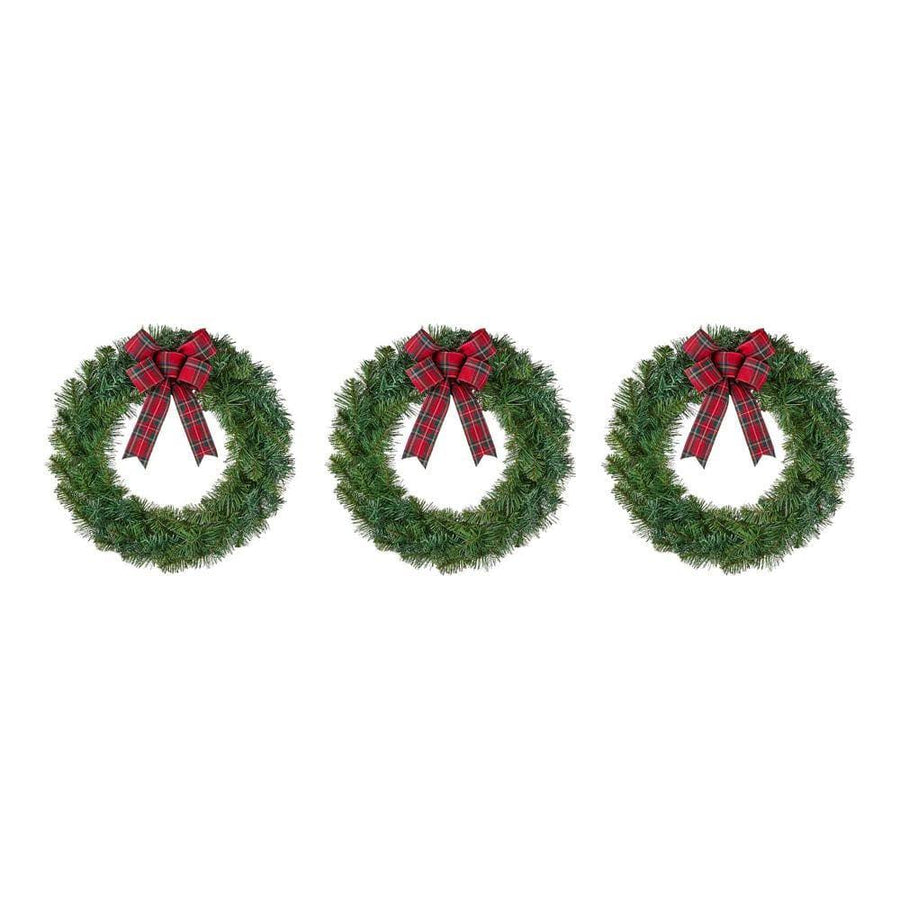 Home Accents Holiday 22 in. Green Artificial Noble Pine Wreaths with Plaid Bow (3-pack)