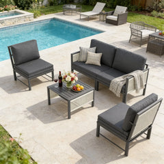 AECOJOY Aluminum Patio Furniture Set - 4 Seat Outdoor Sectional with Retractable Footrest Sofas & Coffee Table