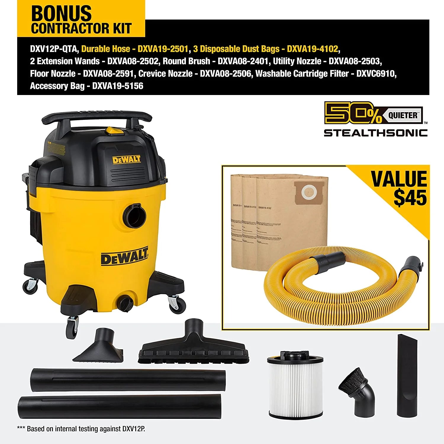 DEWALT 12 Gallon STEALTHSONIC Ultra Quiet Poly Wet Dry Vacuum, DXV12P - QTA Newest Noise Reduction Vac, 5.5 Peak HP Shop Vacuum for Jobsite/Workshop, Reduce Motor Noise, Yellow