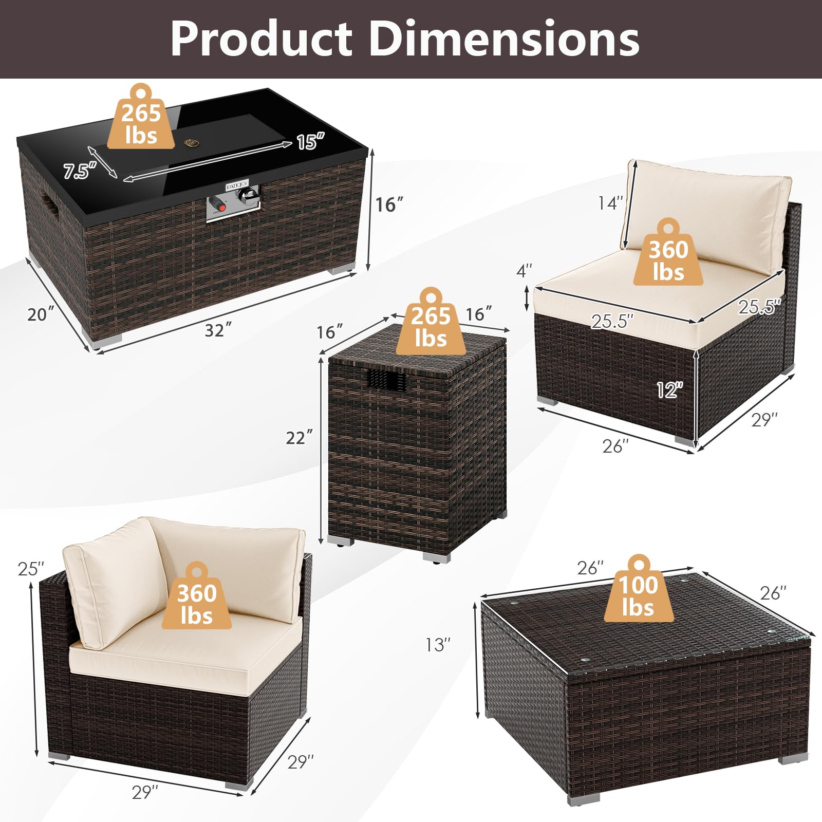 Tangkula 7 Pieces Wicker Patio Furniture Set with 40,000 BTU Gas Fire Pit Table & Propane Tank Cover Table & Glass Top Coffee Table