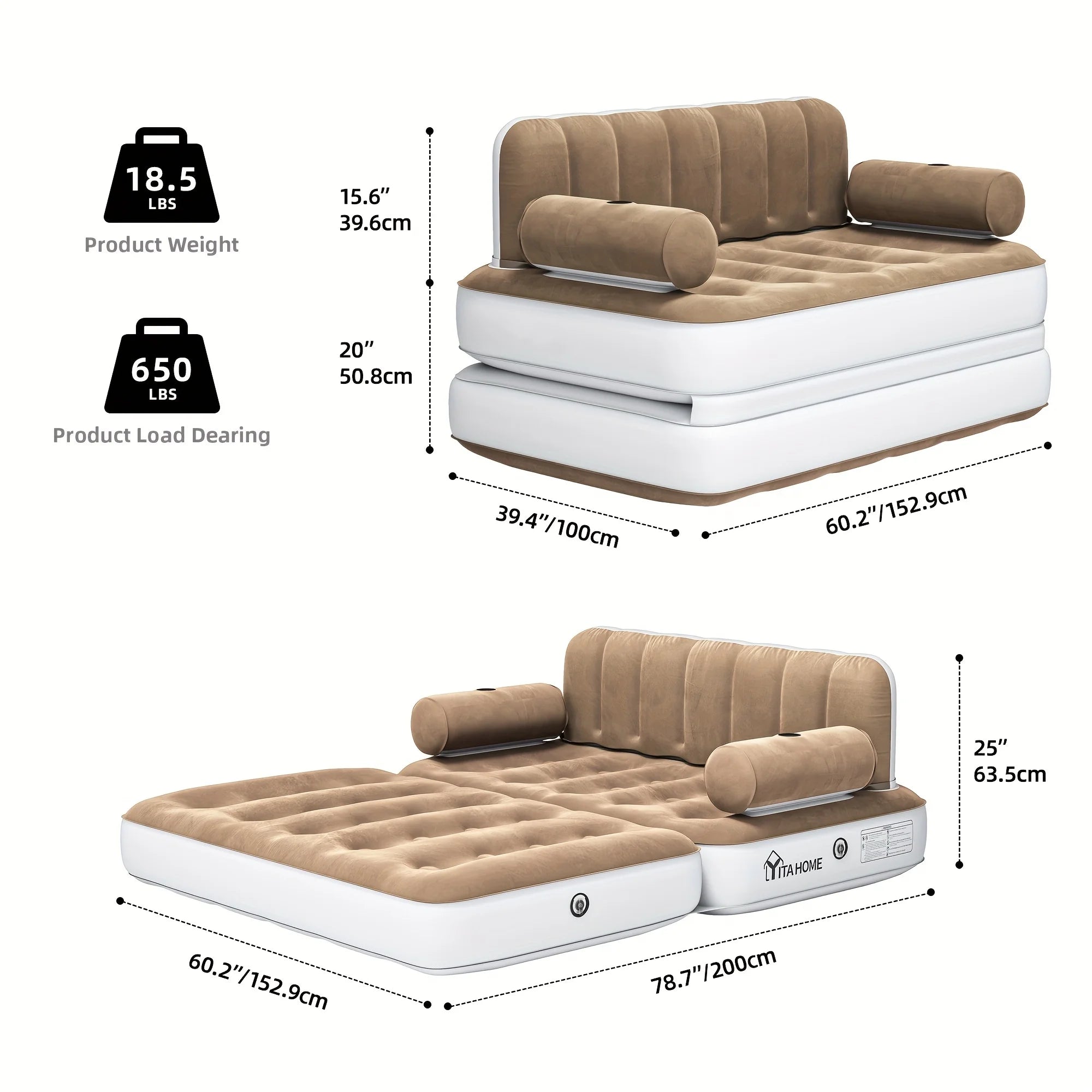 Inflatable Air Sofa Bed 2 - in - 1 Backrest Couch Airbed with Headboard and Pump Convertible Blow up Bed Mattress for Home, Camping, and Guests, Living Room Furniture, Queen Size