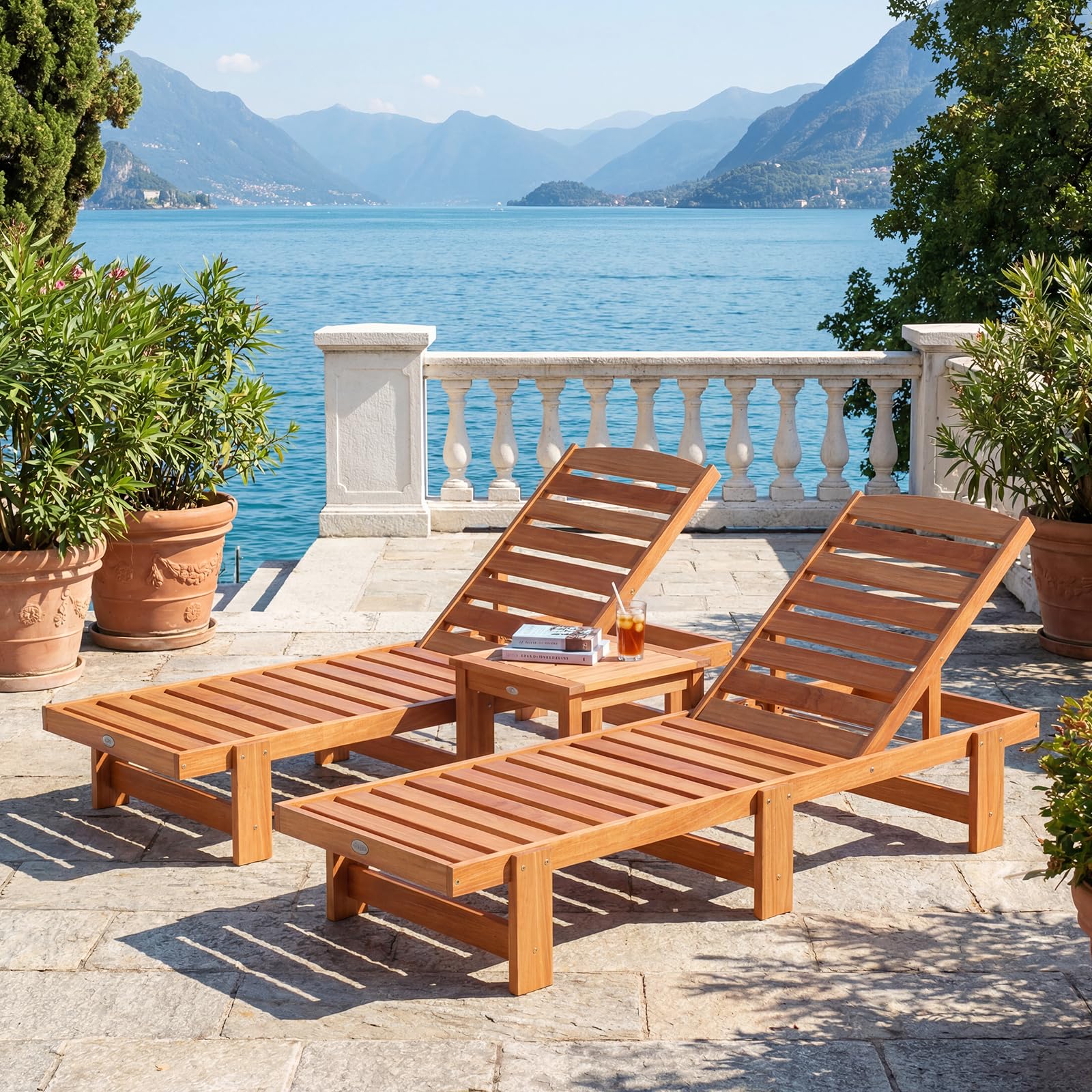 Tangkula Solid Wood Patio Chaise Lounge with 5-Level Adjustable Backrest (1/2)