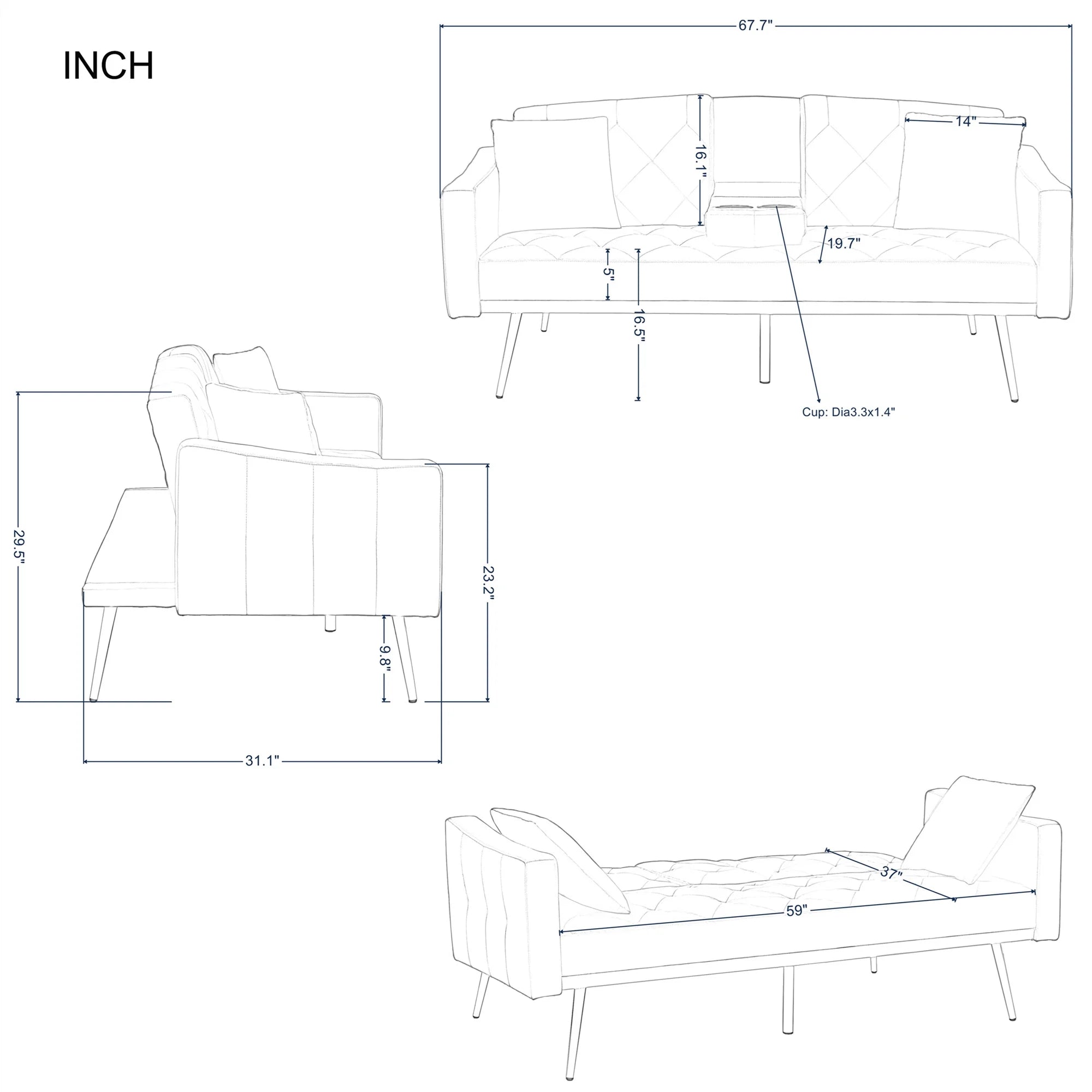 Aukfa 75" Square Arm Futon Convertible Sofa Bed for Home Office, 2 Cup Holders, Linen, Dark Gray