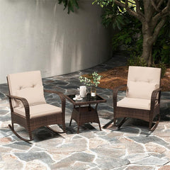 3-Piece Outdoor Wicker Rocking Chair Set, Rattan Bistro Rocker Furniture with Cushions & Pillows, Tempered Glass Coffee Table for Porch Balcony