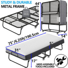 Folding Bed with Mattress 75" x 31" Cot Size Folded Bed, Rollaway Guest Bed Portable Foldable Extra Bed for Adults Daybed with 5" Memory Foam Mattress Space - Saving Sturdy Metal Grid Frame