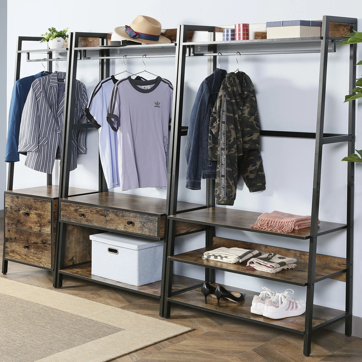 JJS 33" Entryway Coat Rack, Industrial Rustic Hall Tree Shoe Bench with Storage Drawers and Shelf for Hallway, Wood Look Accent Furniture with Metal Frame, Rustic Brown
