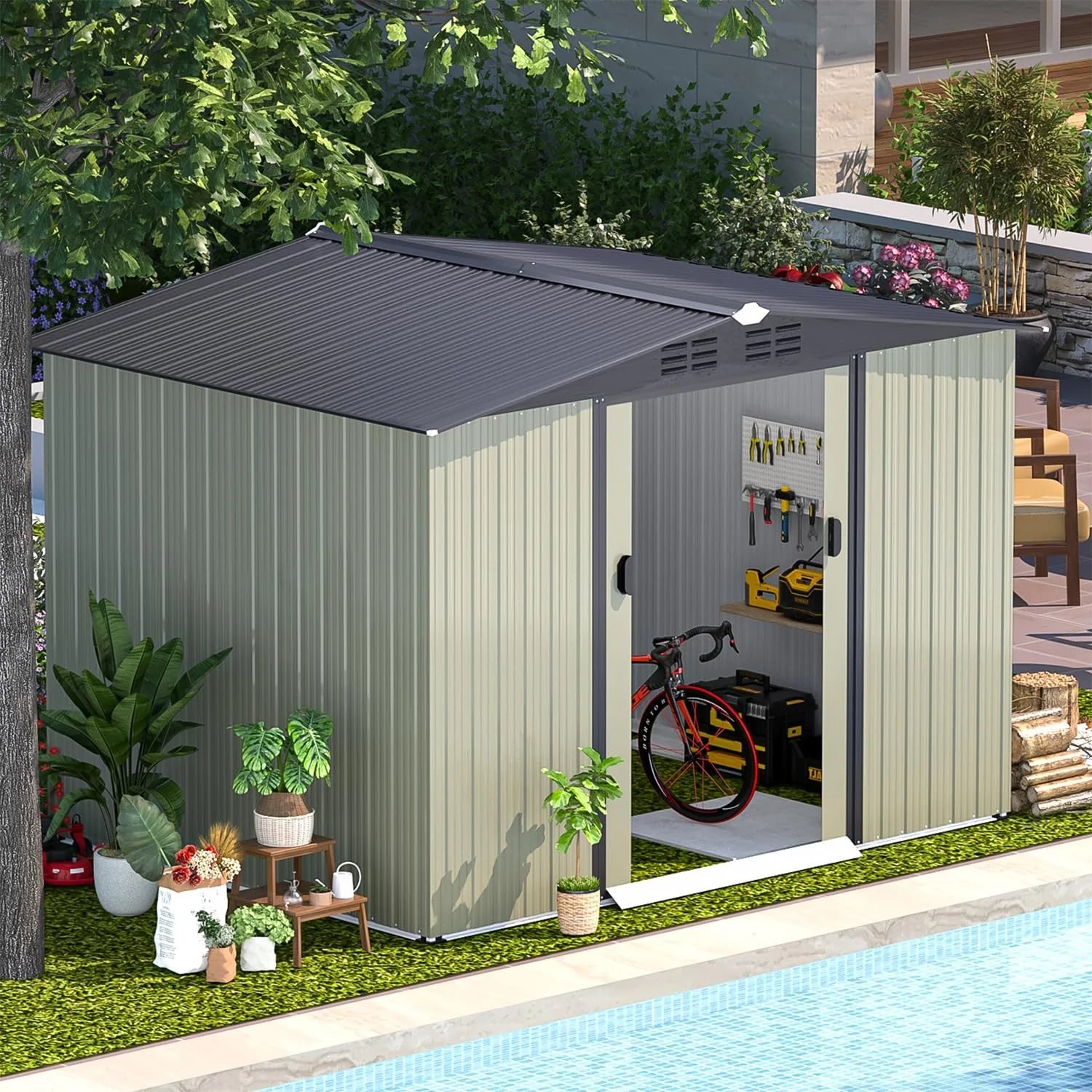 AECOJOY 8x6 Ft Outdoor Storage Tool Shed, Gray